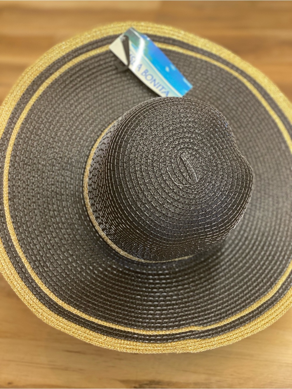 Wide Brim Straw Sun Hat - Black with Gold Trim